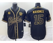 Men's Kansas City Chiefs #15 Patrick Mahomes Black Gold C Patch Cool Base Stitched Baseball Jersey