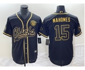 Men's Kansas City Chiefs #15 Patrick Mahomes Black Gold Super Bowl LVII Cool Base Stitched Baseball Jersey