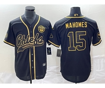 Men's Kansas City Chiefs #15 Patrick Mahomes Black Gold Super Bowl LVII Cool Base Stitched Baseball Jersey