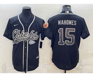 Men's Kansas City Chiefs #15 Patrick Mahomes Black Reflective With Patch Cool Base Stitched Baseball Jersey