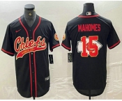 Men's Kansas City Chiefs #15 Patrick Mahomes Black Team Big Logo With Patch Cool Base Stitched Baseball Jersey