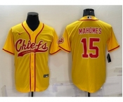 Men's Kansas City Chiefs #15 Patrick Mahomes Gold With Patch Cool Base Stitched Baseball Jersey