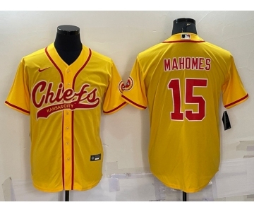 Men's Kansas City Chiefs #15 Patrick Mahomes Gold With Patch Cool Base Stitched Baseball Jersey