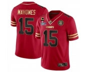 Men’s Kansas City Chiefs #15 Patrick Mahomes Red Gold Super Bowl LVII Patch And 4-star C Patch Vapor Untouchable Limited Stitched Jersey