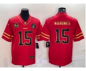 Men's Kansas City Chiefs #15 Patrick Mahomes Red Gold With C Patch Stitched Football Jersey