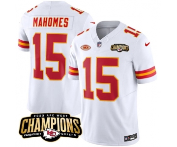 Men’s Kansas City Chiefs #15 Patrick Mahomes White 2023 F.U.S.E. AFC West Champions With NKH Patch Vapor Untouchable Limited Football Stitched Jersey