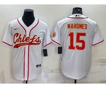 Men's Kansas City Chiefs #15 Patrick Mahomes White With Patch Cool Base Stitched Baseball Jersey