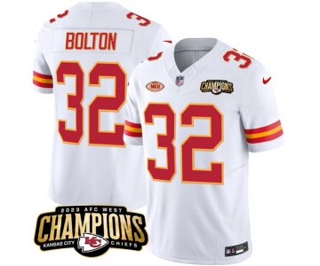 Men’s Kansas City Chiefs #32 Nick Bolton White 2023 F.U.S.E. AFC West Champions With NKH Patch Vapor Untouchable Limited Football Stitched Jersey