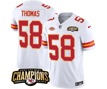 Men’s Kansas City Chiefs #58 Derrick Thomas White 2023 F.U.S.E. AFC West Champions With NKH Patch Vapor Untouchable Limited Football Stitched Jersey