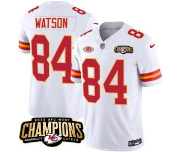 Men’s Kansas City Chiefs #84 Justin Watson White 2023 F.U.S.E. AFC West Champions With NKH Patch Vapor Untouchable Limited Football Stitched Jersey