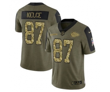 Men's Kansas City Chiefs #87 Travis Kelce 2021 Olive Camo Salute To Service Limited Stitched Football Jersey