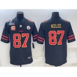 Men’s Kansas City Chiefs #87 Travis Kelce Black Red Gold Super Bowl LVII Patch And 4-star C Patch Vapor Untouchable Limited Stitched Jersey