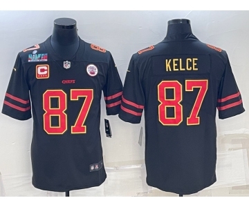 Men’s Kansas City Chiefs #87 Travis Kelce Black Red Gold Super Bowl LVII Patch And 4-star C Patch Vapor Untouchable Limited Stitched Jersey