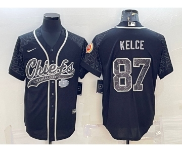 Men's Kansas City Chiefs #87 Travis Kelce Black Reflective With Patch Cool Base Stitched Baseball Jersey