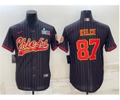 Men's Kansas City Chiefs #87 Travis Kelce Black With Super Bowl LVII Patch Cool Base Stitched Baseball Jersey