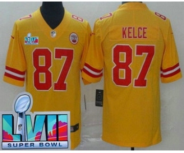 Men's Kansas City Chiefs #87 Travis Kelce Limited Yellow Inverted Super Bowl LVII Vapor Jersey