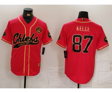 Men's Kansas City Chiefs #87 Travis Kelce Red Gold Cool Base Stitched Baseball Jersey