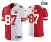 Men’s Kansas City Chiefs #87 Travis Kelce Red & White Split Super Bowl LVII Patch Limited Stitched Jersey