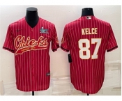 Men's Kansas City Chiefs #87 Travis Kelce Red With Super Bowl LVII Patch Cool Base Stitched Baseball Jersey