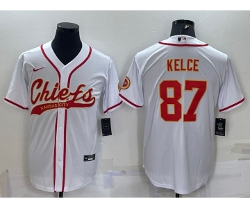 Men's Kansas City Chiefs #87 Travis Kelce White With Patch Cool Base Stitched Baseball Jersey