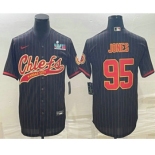 Men's Kansas City Chiefs #95 Chris Jones Black Pinstripe With Super Bowl LVII Patch Cool Base Stitched Baseball Jersey