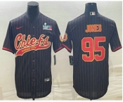 Men's Kansas City Chiefs #95 Chris Jones Black Pinstripe With Super Bowl LVII Patch Cool Base Stitched Baseball Jersey