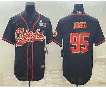 Men's Kansas City Chiefs #95 Chris Jones Black With Super Bowl LVII Patch Cool Base Stitched Baseball Jersey