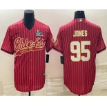 Men's Kansas City Chiefs #95 Chris Jones Red Pinstripe With Super Bowl LVII Patch Cool Base Stitched Baseball Jersey