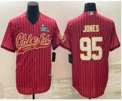 Men's Kansas City Chiefs #95 Chris Jones Red Pinstripe With Super Bowl LVII Patch Cool Base Stitched Baseball Jersey