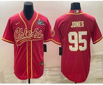 Men's Kansas City Chiefs #95 Chris Jones Red With Super Bowl LVII Patch Cool Base Stitched Baseball Jersey