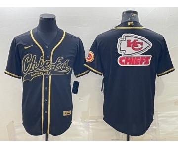 Men's Kansas City Chiefs Black Gold Team Big Logo With Patch Cool Base Stitched Baseball Jersey