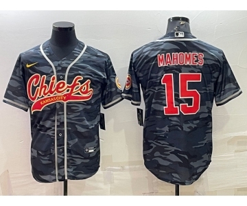 Men's Kansas City Chiefs Blank #15 Patrick Mahomes Grey Navy Camo With Patch Cool Base Stitched Baseball Jersey