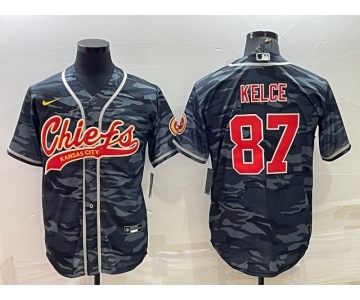 Men's Kansas City Chiefs Blank #87 Travis Kelce Grey Navy Camo With Patch Cool Base Stitched Baseball Jersey