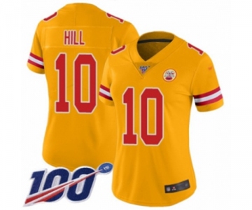 Women's Kansas City Chiefs #10 Tyreek Hill Limited Gold Inverted Legend 100th Season Football Jersey