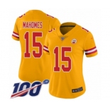 Women's Kansas City Chiefs #15 Patrick Mahomes II Limited Gold Inverted Legend 100th Season Football Jersey