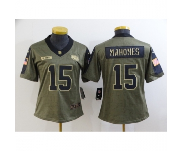 Women's Kansas City Chiefs #15 Patrick Mahomes Nike Olive 2021 Salute To Service Limited Player Jersey