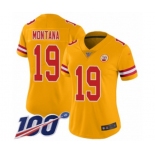 Women's Kansas City Chiefs #19 Joe Montana Limited Gold Inverted Legend 100th Season Football Jersey