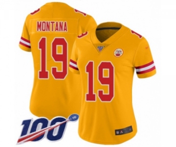 Women's Kansas City Chiefs #19 Joe Montana Limited Gold Inverted Legend 100th Season Football Jersey