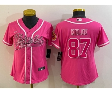 Women's Kansas City Chiefs #87 Travis Kelce Pink With Patch Cool Base Stitched Baseball Jersey