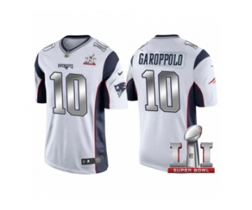 Men New England Patriots #10 Jimmy Garoppolo White 2017 Super Bowl LI Patch Steel Silver Limited Jersey