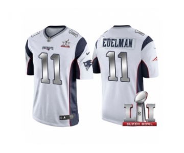 Men New England Patriots #11 Julian Edelman White 2017 Super Bowl 51 Patch Steel Silver Limited Jersey