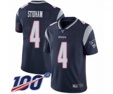 Men's New England Patriots #4 Jarrett Stidham Navy Blue Team Color Vapor Untouchable Limited Player 100th Season Football Jersey