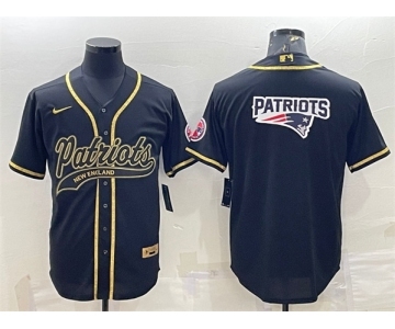 Men's New England Patriots Black Gold Team Big Logo With Patch Cool Base Stitched Baseball Jersey