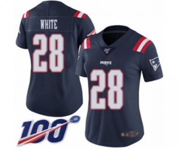 Women's New England Patriots #28 James White Limited Navy Blue Rush Vapor Untouchable 100th Season Football Jersey