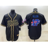 Mens Buffalo Bills #17 Josh Allen Black Gold Team Big Logo With Patch Cool Base Stitched Baseball Jersey