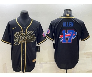 Mens Buffalo Bills #17 Josh Allen Black Gold Team Big Logo With Patch Cool Base Stitched Baseball Jersey