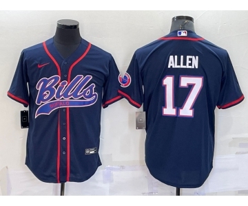 Men's Buffalo Bills #17 Josh Allen Navy With Patch Cool Base Stitched Baseball Jersey