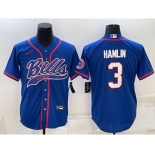 Men's Buffalo Bills #3 Damar Hamlin Blue With Patch Cool Base Stitched Baseball Jersey