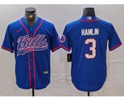 Men's Buffalo Bills #3 Damar Hamlin Blue With Patch Cool Base Stitched Baseball Jersey