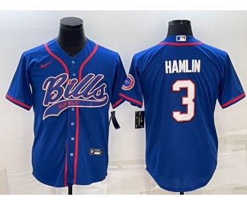 Men's Buffalo Bills #3 Damar Hamlin Blue With Patch Cool Base Stitched Baseball Jersey